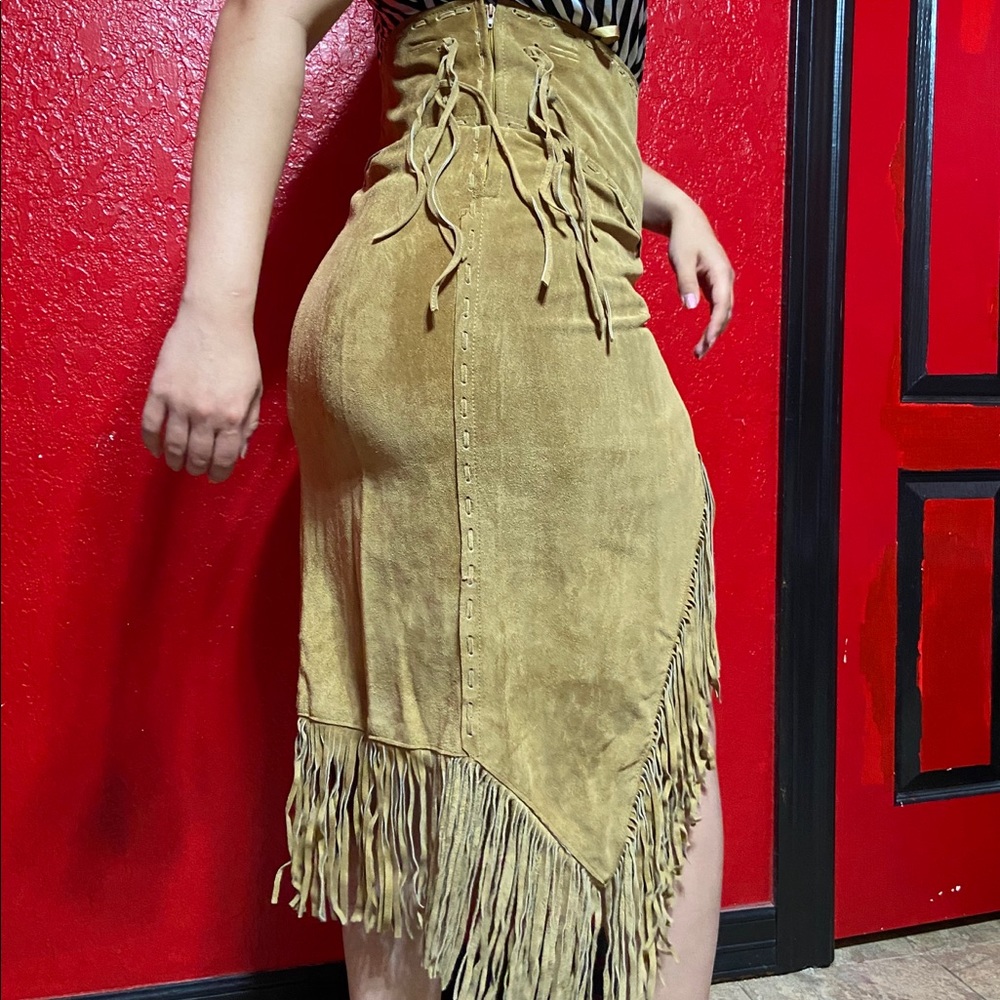 T4 West Tan Fringe Genuine Leather Skirt